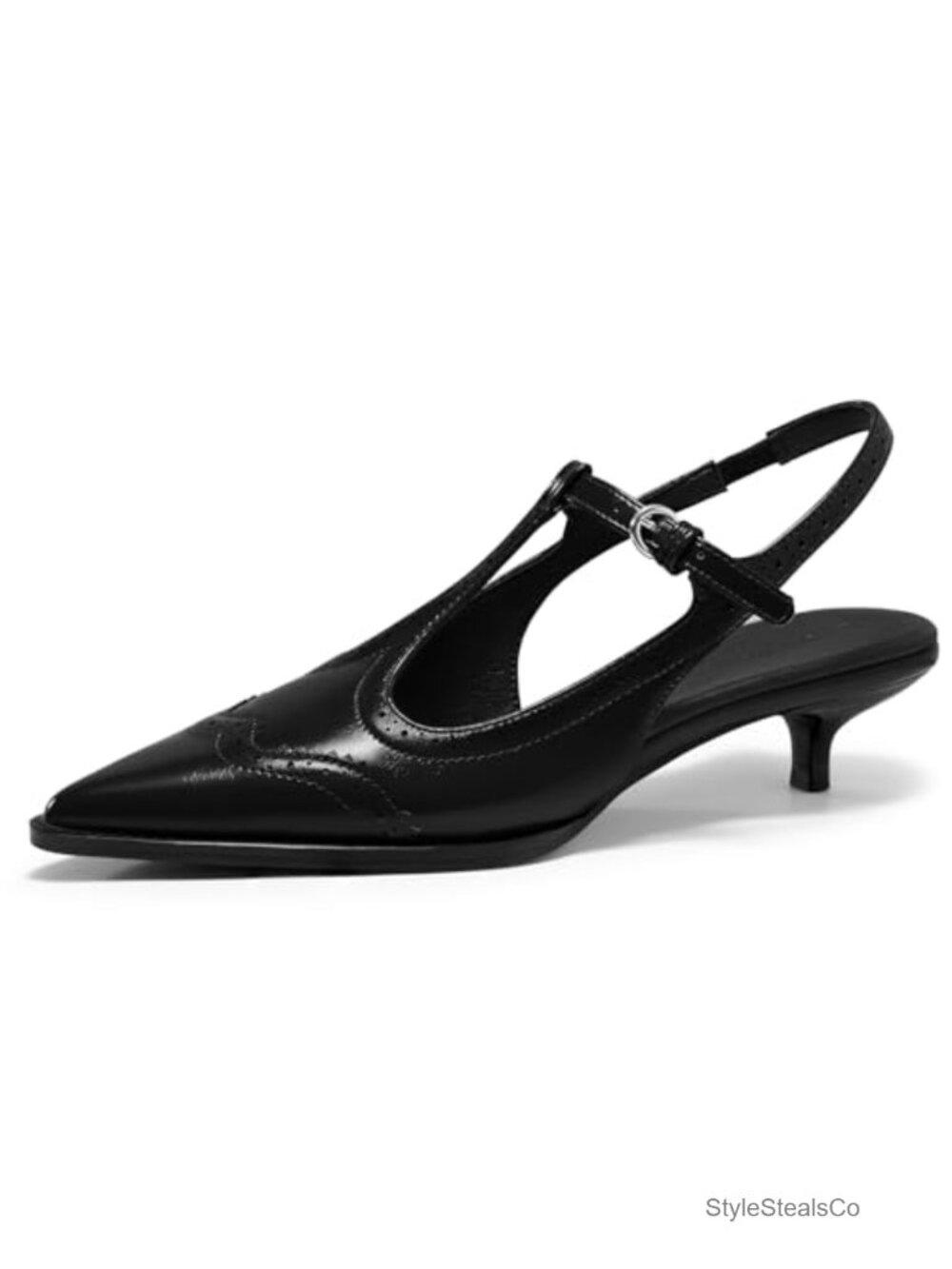 Coutgo Womens Kitten Heels Slingback T Strap Pumps Pointed Toe PU Leather